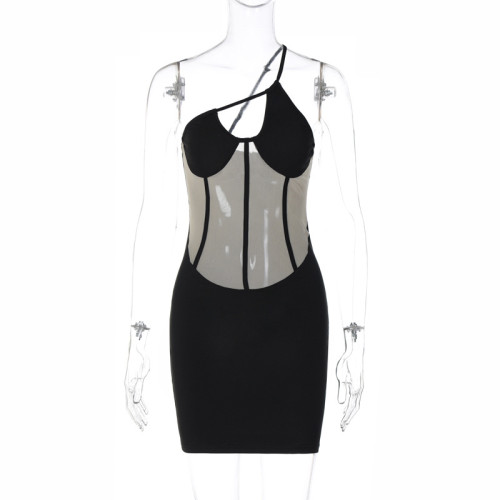 Fashionable mesh patchwork backless bra and buttocks wrap dress