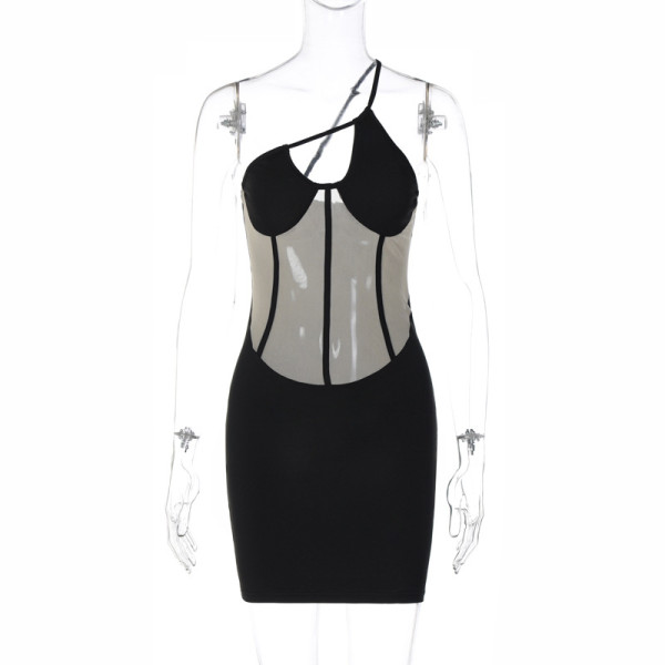 Fashionable mesh patchwork backless bra and buttocks wrap dress