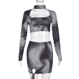 Open navel hollow lace up sexy long sleeved short skirt two-piece set