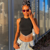 Metal Chain Round Neck Tank Top Sexy Umbilical Sleeveless Top