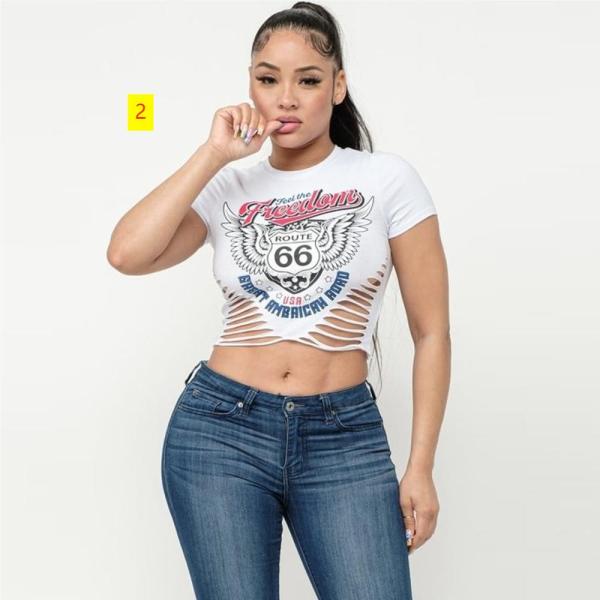 Round neck exposed navel women's T-shirt with versatile tight fitting holes short sleeved top