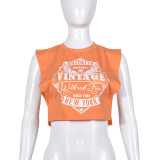 Printed Sleeveless Tank Top with Hollow Out Off Shoulder Top