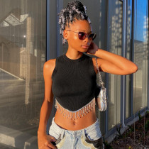 Metal Chain Round Neck Tank Top Sexy Umbilical Sleeveless Top