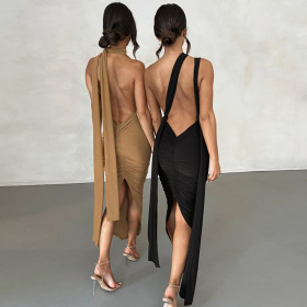 Fashionable and Sexy Deep V Open Back Pleated Split Dress