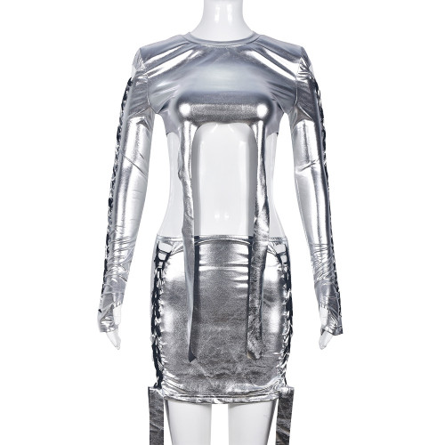 Metallic Gloss Women's Open Umbilical Wrapped Chest Short Skirt Wearing Rope Two Piece Set