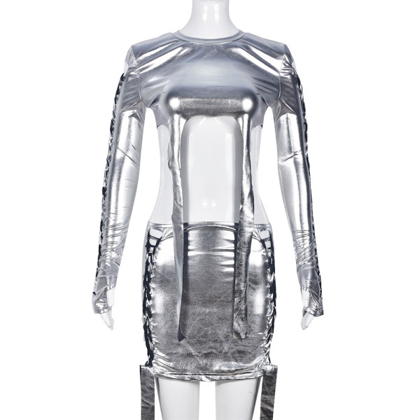 Metallic Gloss Women's Open Umbilical Wrapped Chest Short Skirt Wearing Rope Two Piece Set