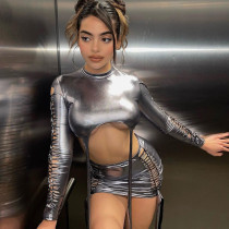 Metallic Gloss Women's Open Umbilical Wrapped Chest Short Skirt Wearing Rope Two Piece Set Metallic Gloss Women's Open Umbilical Wrapped Chest Short Skirt Wearing Rope Two Piece Set