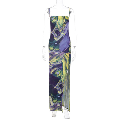 Fashion Printed Slim Fit Split Open Back Bra Strap Dress