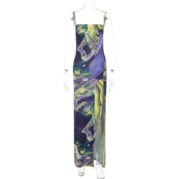 Fashion Printed Slim Fit Split Open Back Bra Strap Dress