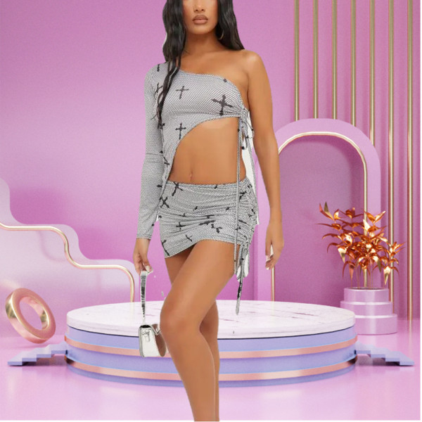 Women's lace up hollowed out navel cross printed short skirt two-piece set