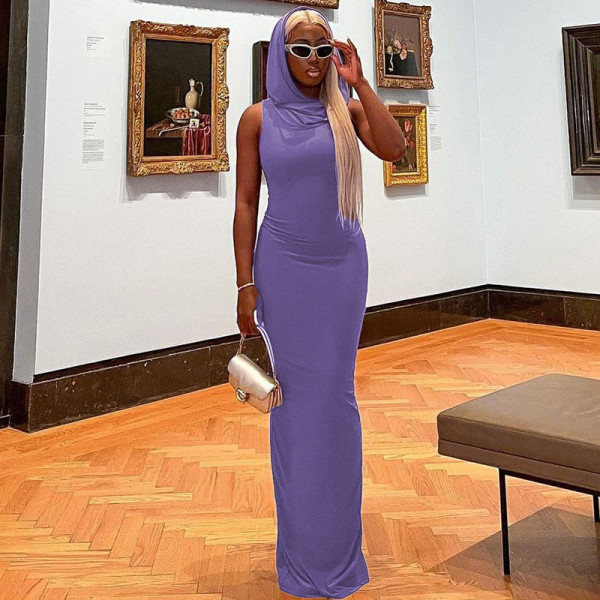 Fashion Solid Hooded Back Split Sleeveless Dress