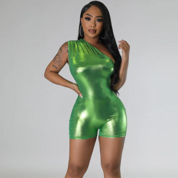 Diagonal shoulder pleated sexy hollow tight metal jumpsuit