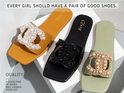 Large one line casual women's slippers, fashionable solid color pearl women's shoes