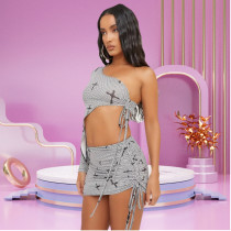 Women's lace up hollowed out navel cross printed short skirt two-piece set Women's lace up hollowed out navel cross printed short skirt two-piece set