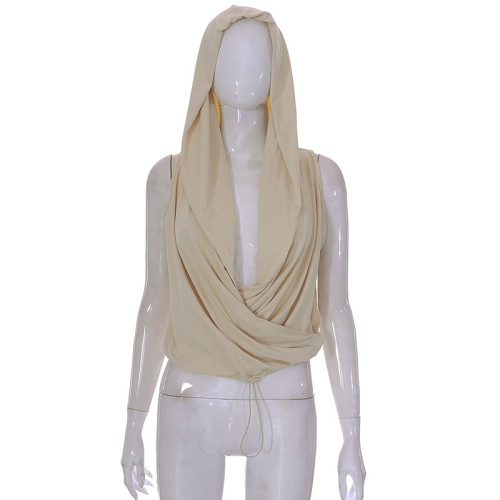 Solid casual sleeveless hooded drawstring deep V fitted top