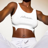 Letter Hot Diamond Tight T-shirt Sexy Irregular Top