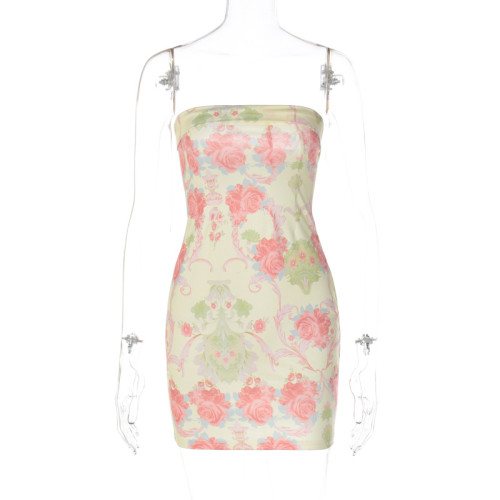Women's fresh floral floral print wrapped chest and buttocks fitted dress