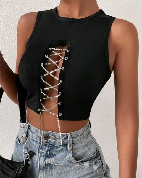 Rib exposed navel small tank top for women with round neck, hollowed out rhinestone straps, sexy sleeveless short top