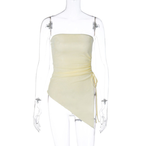 Women's solid color chest wrap diagonal stitching pleated tie fitting spicy girl top