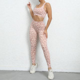 Leopard print yoga suit, beautiful back, tight fitting exercise set, peach buttocks lifting, high waist fitness set