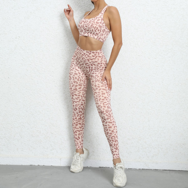 Leopard print yoga suit, beautiful back, tight fitting exercise set, peach buttocks lifting, high waist fitness set