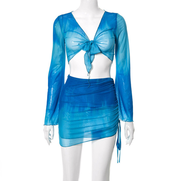 Tie Dyed Mesh Skirt Printed Open Navel Flare Sleeve Beach Short Skirt Set