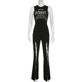 Retro printed sleeveless pin stitching micro flared jumpsuit design for a slim fit pants