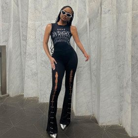 Retro printed sleeveless pin stitching micro flared jumpsuit design for a slim fit pants