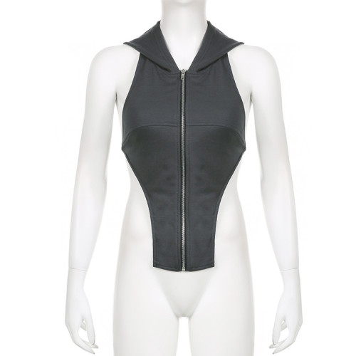 Lace up backless sexy solid color zipper panel hooded T-shirt vest top