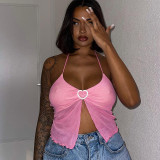 Sexy pink mesh patchwork chest wrap and neck hanging vest