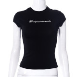 Letter printed tight fitting navel exposed round neck short sleeved T-shirt