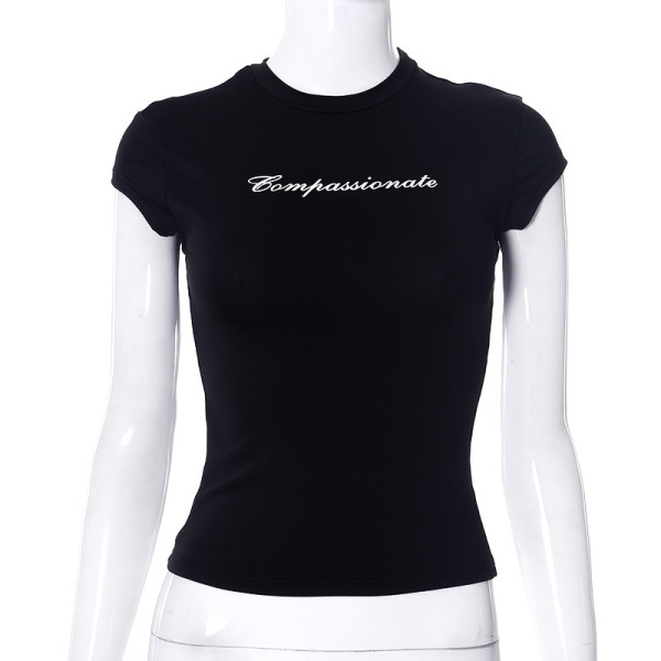 Letter printed tight fitting navel exposed round neck short sleeved T-shirt