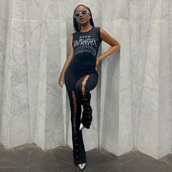 Retro printed sleeveless pin stitching micro flared jumpsuit design for a slim fit pants