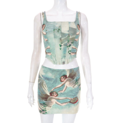 Casual Angel Print Open Back Fishbone Top Slim Fit Short Skirt Set