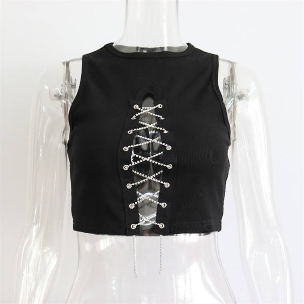 Rib exposed navel small tank top for women with round neck, hollowed out rhinestone straps, sexy sleeveless short top