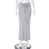 Solid casual pleated drawstring tie high waisted slim fitting long skirt