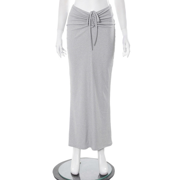 Solid casual pleated drawstring tie high waisted slim fitting long skirt