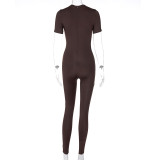 Women's fashion short sleeved zippered exercise yoga jumpsuit