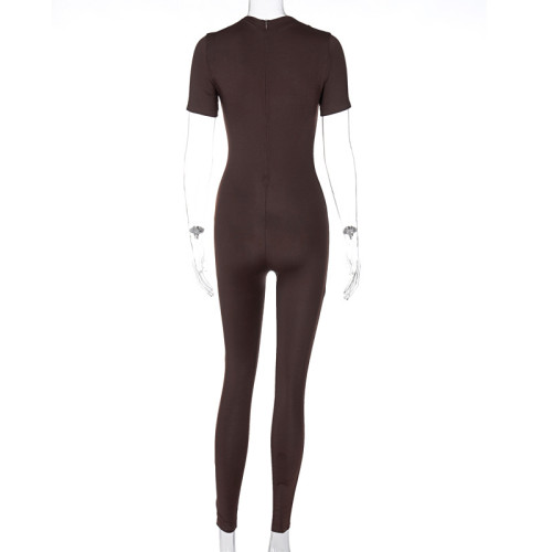 Women's fashion short sleeved zippered exercise yoga jumpsuit