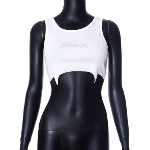 Letter Hot Diamond Tight T-shirt Sexy Irregular Top