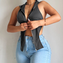 Lace up backless sexy solid color zipper panel hooded T-shirt vest top