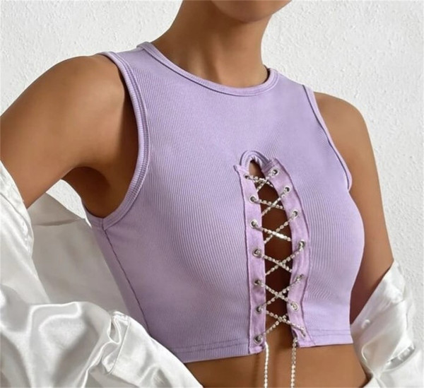 Rib exposed navel small tank top for women with round neck, hollowed out rhinestone straps, sexy sleeveless short top