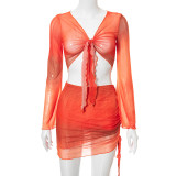 Tie Dyed Mesh Skirt Printed Open Navel Flare Sleeve Beach Short Skirt Set