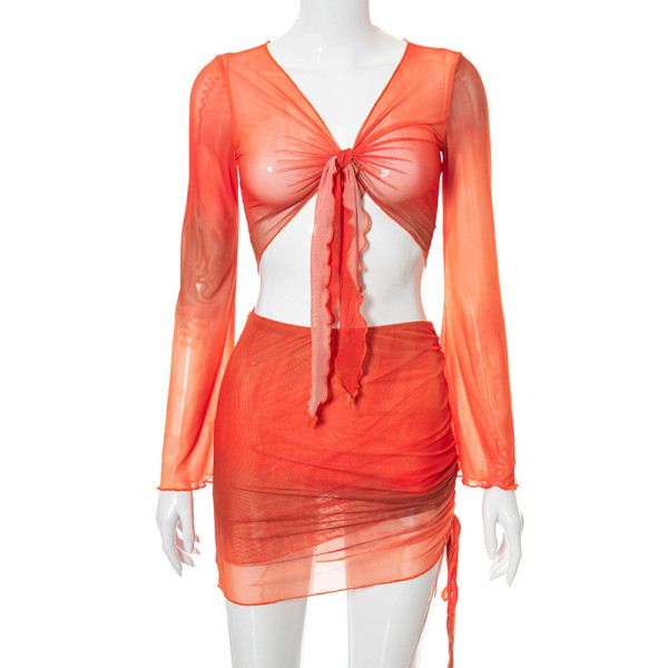 Tie Dyed Mesh Skirt Printed Open Navel Flare Sleeve Beach Short Skirt Set