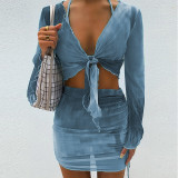 Tie Dyed Mesh Skirt Printed Open Navel Flare Sleeve Beach Short Skirt Set