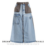 Design contrast color patchwork A-line skirt mid length 7-point skirt