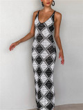 Sleeveless V-neck sexy suspender knit plaid long dress