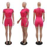 Fashion round neck shorts, slim fitting solid color jumpsuit