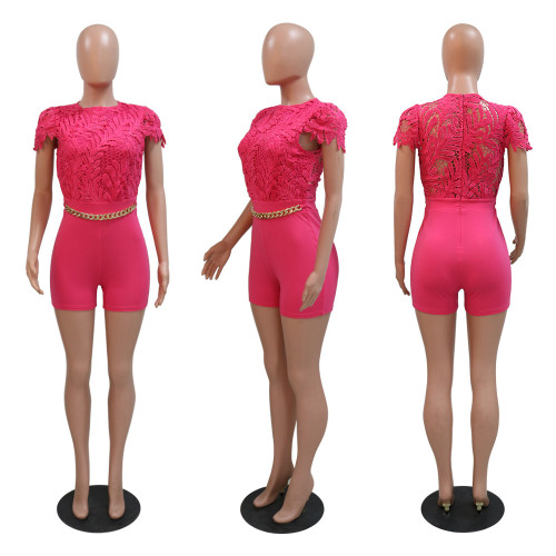 Fashion round neck shorts, slim fitting solid color jumpsuit