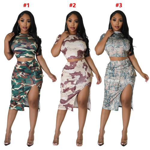 Casual fashion pattern printed skirt hem with split short sleeved skirt set